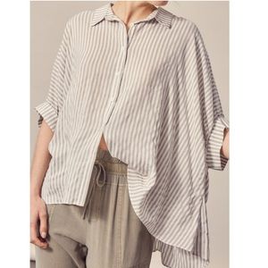 Oversized gray and white striped button down top